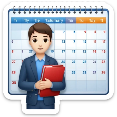  A person standing behind a large calendar or planner, representing scheduling or appointment management. sticker