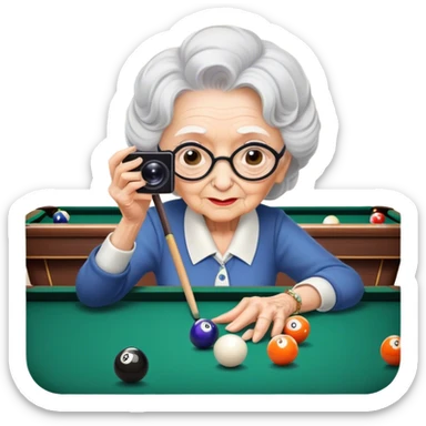 Old lady taking photo of billiards sticker