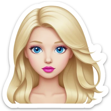 blonde, long blowdried hair, blue eyes, pink lipstick sticker