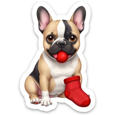 Black and white frenchie eating a red sock  sticker