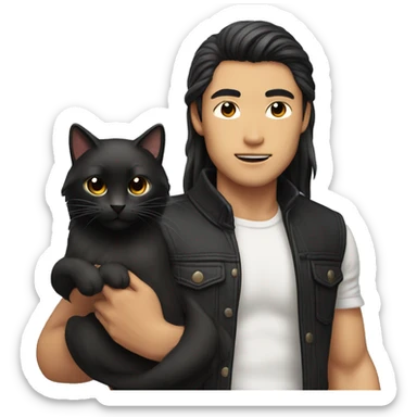 Model Long hair Asian man with abs holding black cat sticker