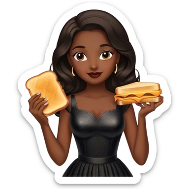 Beautiful woman in 1950’s woman fashion look, black shimmery dress, long dark brown hair, grilled cheese sandwiche sticker