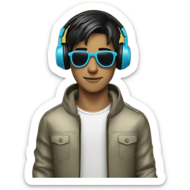 A stylish boy wearing headphones and sun glasses and in background music waves black hair sticker