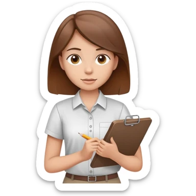 Intern or volunteer with brown hair holding a clipboard and pencil, ready to take notes or assist. The character wears a simple shirt and has an eager posture sticker