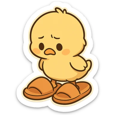 A goose yellow chick, wearing a pair of super large slippers, looks down at the shoes with a puzzled expression sticker