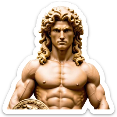 Cinematic Realistic Barbarian Hercules Portrait, depicted as a fierce Greek hero with the chiseled features of Michelangelo's David. His light tan, sculpted skin glows with timeless strength, and his thick, curly, golden brown hair cascades in wild, untamed curls reminiscent of a warrior’s mane. Instead of a flowing white robe with golden accents and a laurel wreath, he wears rugged, weathered leather and fur garments—a tattered, fur-trimmed cloak draped over broad shoulders and a simple circlet forged from iron and bone. His intense, determined eyes exude savage nobility, all rendered under dynamic natural lighting with a mythic, raw, radiant glow. sticker