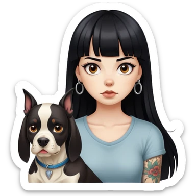 girl with long black  straight bangs hair with tattoo and a Springer dog  and  bull terrifying dog sticker