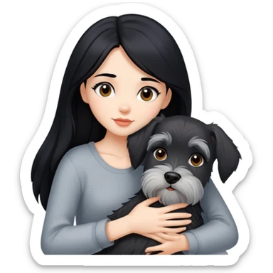 A beautiful girl with long black hair hugs a Schnauzer sticker