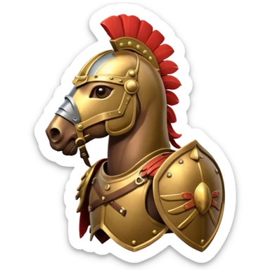 An emoji of a powerful Roman warhorse in full armor, with a feathered helmet. sticker