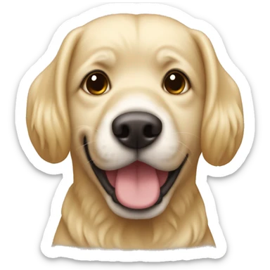 Blonde dog with a  ྀིྀ sticker