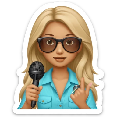 long haired woman with summer clothes and sun glasses holding microphone sticker