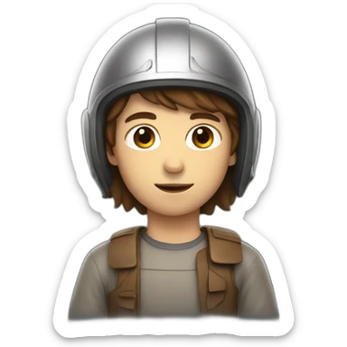 boy with longer brown hair covered with a helmet sticker