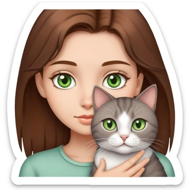 Brown hair girl with grey green eyed cat sticker