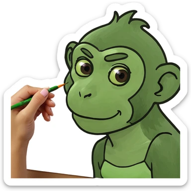 The girl looks like a monkey painting a picture of a monkey on the wall. sticker