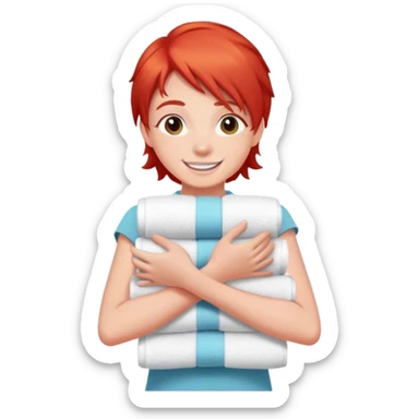 cheerful teenager on the road with red hair carrying a stack of towels in her arms sticker