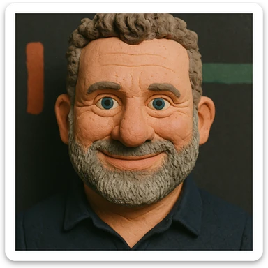 Claymation portrait of the user's face with a slightly larger forehead, friendly and confident facial expression, background in anthracite color, alternative color accents. sticker