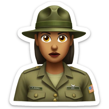 a female drill sergeant character wearing a classic sergeant hat and a camouflage army shirt. The character should have an angry intense expression. full torso sticker
