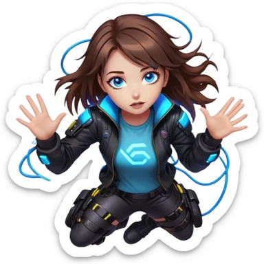 Neon cyberpunk style 
girl with brown hair and blue eyes 
falls sticker