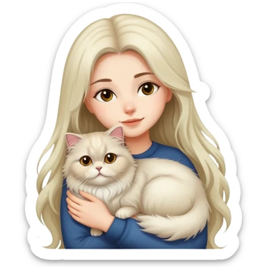 pretty girl with DARK long hair hugging her light hair fluffy persian cat  sticker