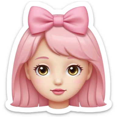 Cute coquette emoji, round face, big sparkling eyes, soft blush on cheeks, small pink bow on top of the head, pastel colors, simple vector style, transparent background


 sticker