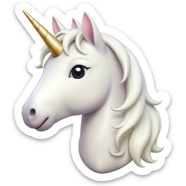 Cinematic Cute White Unicorn Portrait Emoji, Head tilted playfully and inquisitively, featuring a charming, petite form with a silky white color, a delicately flowing mane and tail, and a tiny, sparkling horn, with large, dreamy eyes full of wonder, Simplified yet irresistibly adorable features, highly detailed, glowing with a warm, enchanting glow, high shine, affectionate and lively, stylized with a touch of fairy-tale whimsy, soft glowing outline, capturing the essence of a mischievous yet endearing white unicorn that seems as if it could gallop out of the screen into your heart! sticker