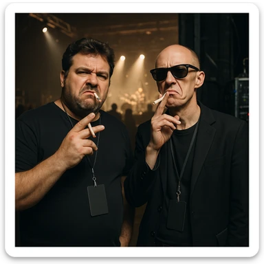 Par de personas que trabajan en la industria musical (hombre robusto de 40 años y otro hombre flaco calvo y con lentes de sol), parados conversando en el backstage de un concierto, con aires de superioridad, mientras se fuman un cigarro, mientras miran a la cámara (músico) de forma despectiva y burlona sticker