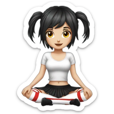 Frontal view curvy emo girl sits white skirt striped stockings hands up sticker