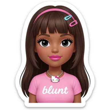 Long lashes, my melody hairclip, Doll faced shaped, hello kitty necklace, bimbo, black doll eyes, Big lips barbie, long dark brown skin with dark brown hair, light pink bimbo shirt says "blunt" , big breast sticker