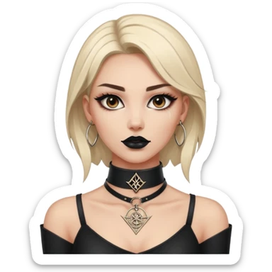 Leather choker with sigil around woman’s neck, pulse visible, dominance tone sticker