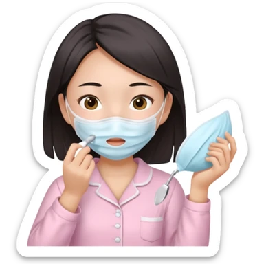 angelic asian girl doing skin care in baby pink pajamas, applying mask to her face sticker