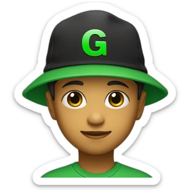 A child with green eyes, wearing a black hat and a green T-shirt with a black letter “G” on it  sticker