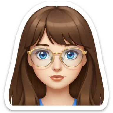 pretty girl with long brown hair with bangs, blue eyes, and gold glasses  sticker