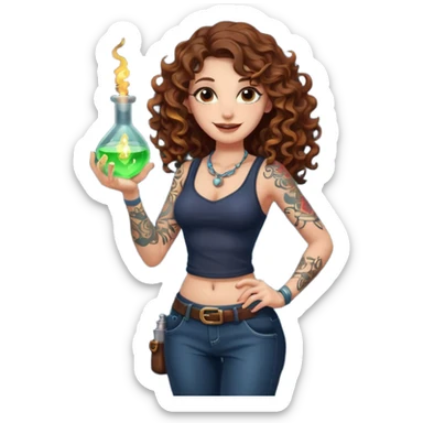 full body view of a woman with long curly brown hair, brown eyes, white skin, tattoos, holding a glowing potion flask at hip level, playful dangerous smile sticker