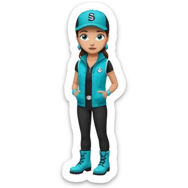A landscaper in a beautiful turquoise jacket and turquoise boots, black pants, and a black sleeveless shirt. On his head is a black Swissotel baseball cap. The girl is a brunette with blue eyes. sticker