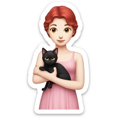 Dark Red hair, white skin wearing pink dress girl who is holding a black cat sticker