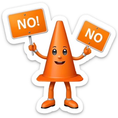 orange traffic cone with three legs dancing with sign in his hand saying “no ai” sticker
