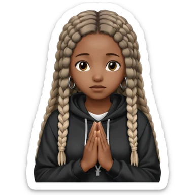 African American girl dark skin with long box braids and plain black hoodie with prayer hands sticker