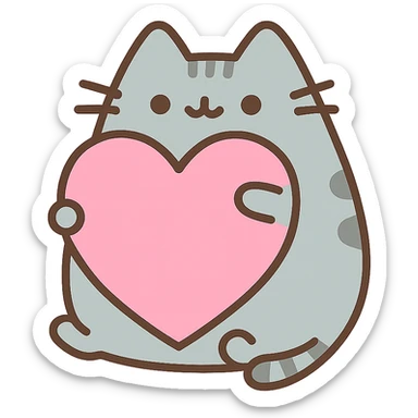 Pusheen hugging a big heart, pastel colors, adorable, color outline icon style sticker