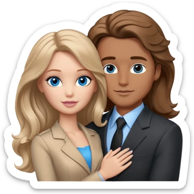 White Barbie girl  , eyes blue , Chestnut  long wavy hair In beige clothes, Hugs a man with brown hair, brown eyes and a black suit sticker