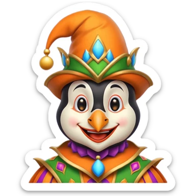 crazy funny colorful penguin jolly joker, medieval, vintage, court jester, mac os icon, orange color sticker