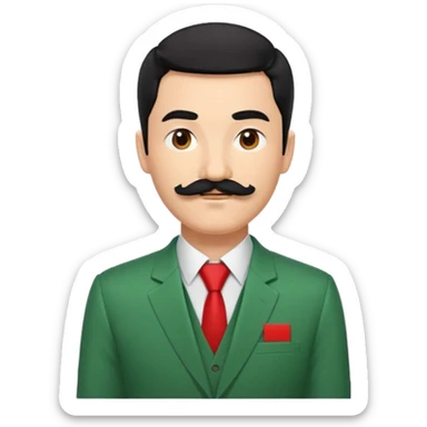 Un homme avec une moustache carré et une coupe de cheveux noir court en diagonale sur son front, il porte un costume vert sapin avec un bandeau sur le haut du bras droit rouge  sticker