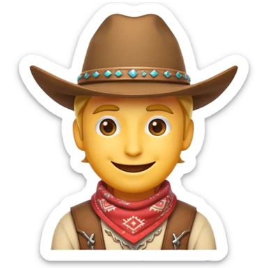 Clash of Clans aesthetic Playful Cowboy Portrait Emoji, Head tilted with a roguish, cheeky grin and twinkling eyes, featuring a compact, charming build with a jaunty hat and a friendly bandana, his natural skin tone adding authenticity, Simplified yet irresistibly charming features, highly detailed, glowing with a warm, inviting western glow, high shine, spirited and lively, stylized with an air of whimsical frontier mischief, soft glowing outline, capturing the essence of a playful cowboy exuding friendly rogue charm! sticker