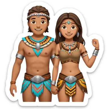 A happy tribal man holding hands with a happy tribal woman wearing a chastity belt sticker