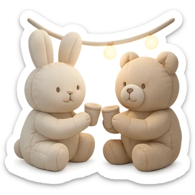 bunny and bear clinking juice cups under string lights, cushion style, soft and plush appearance sticker