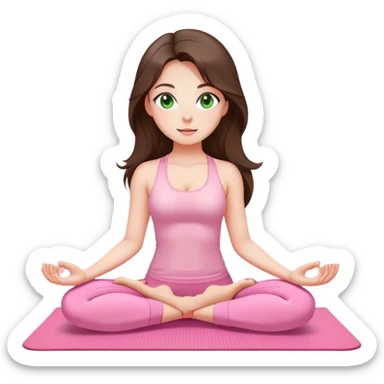 Brunette long hair and green eyes yoga beautiful girl in light pink pink pink clothes sitting on a yoga mat sticker