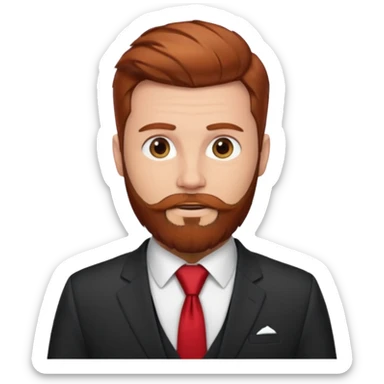 ["Fair-skinned man with reddish-brown hair and a full beard, wearing a suit and red tie."] sticker