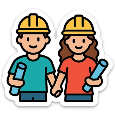 a couple holding hands, boyfriend with short brown hair, girlfriend with long brown curls, both wearing construction helmets and holding construction plans, lineal color icon with black outlines sticker