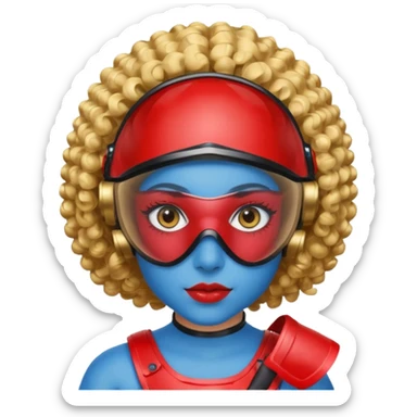 blue curly haired girl with huge earrings, wearing red paintball helmet and eye protection, only face  sticker