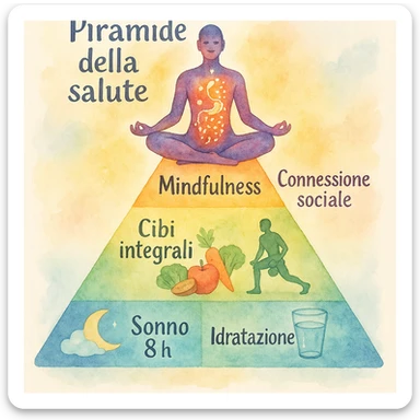 Piramide della salute in stile acquerello con colori sfumati, base Sonno 8h e Idratazione, centro Cibi integrali e Allenamento funzionale, cima Mindfulness e Connessione sociale. Figura meditativa in cima, corpo con effetti luminosi per neurotrasmettitori e flora intestinale. Testi in italiano. sticker