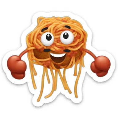 Spaghetti and meatballs with a face, arms and legs, doing something random sticker